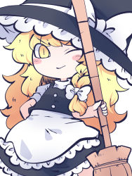 Rule 34 | 1girl, apron, black hat, black skirt, black vest, blonde hair, blush stickers, broom, chahan (fried rice0614), closed mouth, cowboy shot, frilled skirt, frills, hat, highres, kirisame marisa, long hair, one-hour drawing challenge, one eye closed, puffy short sleeves, puffy sleeves, shirt, short sleeves, simple background, skirt, smile, solo, touhou, vest, waist apron, white apron, white background, white shirt, witch hat, yellow eyes