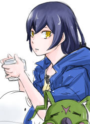 Rule 34 | 1girl, bandai, blush, breasts, digimon, digimon story: cyber sleuth hacker&#039;s memory, female focus, long hair, looking at viewer, mishima erika, pillow, sin seishun, solo, wormmon, yellow eyes