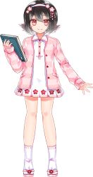 Rule 34 | baba (oshiro project), black hair, book, dress, full body, hairband, holding, holding book, jacket, looking at viewer, official art, oshiro project:re, oshiro project:re, pink jacket, red eyes, ririkuto, short dress, short hair, solo, transparent background