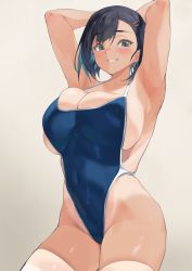 Rule 34 | 1girl, armpits, arms behind head, black hair, blue eyes, blue one-piece swimsuit, blush, breasts, cameltoe, cleavage, covered navel, dark-skinned female, dark skin, grin, hair ornament, hairclip, highres, looking at viewer, mm (yoromu), one-piece swimsuit, one-piece tan, original, school swimsuit, short hair, sideboob, smile, solo, sweatdrop, swimsuit, tan, tanline, thighhighs, white thighhighs