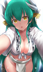 Rule 34 | 1girl, blush, breasts, cleavage, collarbone, fate/grand order, fate (series), fundoshi, green hair, hair between eyes, highres, horns, japanese clothes, kiyohime (fate), looking at viewer, medium breasts, mizu happi, open mouth, pelvic curtain, rope, shimenawa, simple background, solo, tango (tn500), thighhighs, white background, white thighhighs, yellow eyes