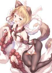 Rule 34 | 1girl, absurdres, animal ear fluff, animal ears, bare shoulders, black pantyhose, blonde hair, blush, breasts, brown hair, collarbone, detached sleeves, flower hair ornament, granblue fantasy, highres, matching hair/eyes, open mouth, pantyhose, short hair, simple background, small breasts, tail, ukiwakisen, vajra (granblue fantasy), white background, yellow eyes