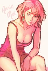 Rule 34 | 1girl, alternate hair length, alternate hairstyle, annie mei, annie mei project, bare legs, bracelet, breasts, caleb thomas, cleavage, collarbone, downblouse, dress, green eyes, jewelry, leaning forward, pink dress, pink hair, short dress, short hair, sitting, solo, spaghetti strap