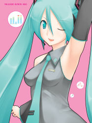 Rule 34 | 1girl, armpits, breasts, hatsune miku, long hair, one eye closed, simple background, solo, twintails, very long hair, vocaloid, wink, yoshino gaya