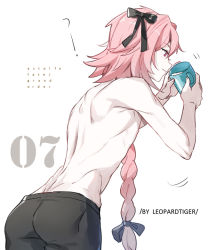Rule 34 | 1boy, artist name, ass, astolfo (fate), back, bishounen, black bow, black ribbon, bow, boxers, braid, buttoning, copyright name, cup, drinking, fang, fate/apocrypha, fate (series), from behind, hair intakes, hair ribbon, holding, holding cup, leopardtiger, long braid, long hair, male focus, male underwear, messy hair, motion lines, multicolored hair, no pants, numbered, pink hair, purple eyes, ribbon, topless male, simple background, single braid, skin fang, solo, streaked hair, toned, toned male, underwear, underwear only, white background