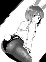 Rule 34 | 1girl, animal ears, ass, blush, breasts, chinese zodiac, embarrassed, fake animal ears, fake tail, fishnet pantyhose, fishnets, girls und panzer, greyscale, highres, kitayama miuki, large breasts, leotard, looking at viewer, monochrome, nishizumi miho, ooarai school uniform, open mouth, pantyhose, playboy bunny, rabbit ears, rabbit tail, school uniform, short hair, solo, tail, year of the rabbit
