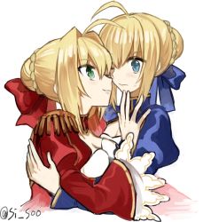 Rule 34 | 10s, 2girls, ahoge, artoria pendragon (all), artoria pendragon (fate), azusa (sarie303030), bad id, bad pixiv id, blonde hair, blue dress, blue eyes, blue ribbon, blush, braid, breasts, cleavage, cleavage cutout, closed mouth, clothing cutout, couple, dress, epaulettes, eye contact, fate/extra, fate/stay night, fate (series), female focus, green eyes, hair between eyes, hair bun, hair ribbon, hug, imminent kiss, long sleeves, looking at another, medium breasts, multiple girls, nero claudius (fate), nero claudius (fate) (all), nero claudius (fate/extra), one eye closed, red dress, red ribbon, ribbon, saber (fate), shirako miso, short hair, shy, simple background, single hair bun, small breasts, smile, sweatdrop, type-moon, upper body, white background, wide sleeves, wince, yuri