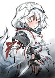 Rule 34 | 1girl, assassin&#039;s creed, assassin&#039;s creed (series), fingerless gloves, gloves, concealed weapon, hidden blade (assassin&#039;s creed), hood, inubashiri momiji, matsuda (matsukichi), red eyes, short hair, solo, tail, touhou, weapon, white hair, wolf tail