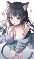 Rule 34 | 1girl, absurdres, animal ears, bare shoulders, black choker, black hair, blunt bangs, blush, breasts, cat ears, cat girl, cat tail, choker, cleavage, fang, gradient background, grey skirt, hair ornament, hairclip, heart, highres, large breasts, long hair, long sleeves, looking at viewer, mole, mole on breast, myowa, off shoulder, open mouth, original, pleated skirt, purple eyes, skin fang, skirt, solo, tail, white background
