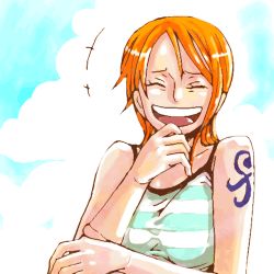 Rule 34 | 1girl, bad id, bad pixiv id, blue sky, camisole, closed eyes, cloud, female focus, futomaki, jaya, laughing, lowres, nami (one piece), one piece, orange hair, shirt, short hair, sky, solo, striped clothes, striped shirt, tattoo