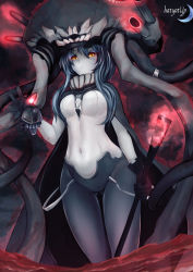 Rule 34 | 10s, 1girl, abyssal ship, black gloves, blue hair, bodysuit, breasts, cape, covered navel, cowboy shot, crescent, facing viewer, gloves, glowing, glowing eyes, groin, hachachi, headgear, highres, holding, kantai collection, long hair, looking at viewer, navel, orange eyes, pale skin, solo, staff, thigh gap, water, watermark, web address, wide hips, wo-class aircraft carrier