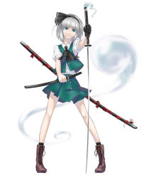 Rule 34 | 1girl, ascot, boots, cross-laced footwear, dual wielding, female focus, flower, full body, ghost, gloves, green eyes, hairband, head tilt, highres, holding, katana, konpaku youmu, konpaku youmu (ghost), legs, looking at viewer, pigeon-toed, scabbard, sheath, short hair, silver hair, simple background, single glove, smile, solo, sword, tanto, touhou, weapon, white background, y/n