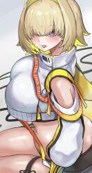 Rule 34 | 1girl, ahoge, black gloves, black sports bra, blonde hair, blush, breasts, clothing cutout, crop top, crop top overhang, cropped sweater, elegg (nikke), exposed pocket, from above, from side, gloves, goddess of victory: nikke, grey shorts, hair intakes, hair over eyes, highres, large breasts, long bangs, long sleeves, looking at viewer, micro shorts, multicolored clothes, multicolored gloves, multicolored hair, navel, okitsugu, purple eyes, short hair, shorts, shoulder cutout, sitting, solo, sports bra, suspender shorts, suspenders, thigh strap, thighs, two-tone hair, yellow gloves