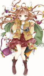 Rule 34 | 1girl, acorn, autumn, autumn leaves, bad id, bad pixiv id, bag, bag charm, blush, book, boots, brown eyes, brown footwear, brown hair, brown sweater, camera, cardigan, charm (object), chestnut, commentary, food, fruit, full body, grapes, green scarf, handbag, highres, leaf, long hair, long sleeves, looking at viewer, maple leaf, mouth hold, mushroom, no socks, open book, open cardigan, open clothes, orange (fruit), original, paint, paintbrush, palette (object), persimmon, pinecone, plaid, plaid skirt, print sweater, red skirt, roasted sweet potato, scarf, shirt, shoulder bag, skirt, sleeves past wrists, solo, sweater, sweet potato, tsukiyo (skymint), unmoving pattern, white background, white shirt, roasted sweet potato