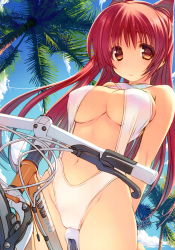 Rule 34 | 1girl, absurdres, amazuyu tatsuki, bicycle, breasts, brown eyes, cleavage, day, halterneck, highres, long hair, looking at viewer, medium breasts, navel, one-piece swimsuit, outdoors, palm tree, red hair, scan, slingshot swimsuit, solo, swimsuit, to heart (series), to heart 2, tree, white one-piece swimsuit, white slingshot swimsuit