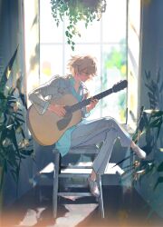 Rule 34 | 1boy, absurdres, acoustic guitar, ahoge, badge, blonde hair, blue shirt, buttons, collared shirt, commentary, crossed legs, ensemble stars!, gold trim, grey pants, guitar, hakaze kaoru, highres, indoors, instrument, jacket, long sleeves, male focus, music, pants, plant, playing instrument, potted plant, profile, ririo, shirt, shoes, short hair, sitting, solo, stool, sunlight, symbol-only commentary, white footwear, white jacket, window, zipper, zipper pull tab