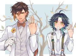 Rule 34 | 2boys, ahoge, black hair, blue background, blush, boutonniere, bow, bowtie, brown hair, closed mouth, collared shirt, commentary request, diamond-shaped pupils, diamond (shape), eyeliner, eyeshadow, facial mark, flower, forehead mark, formal, genshin impact, glove in mouth, gloves, gradient hair, green hair, hair between eyes, highres, jacket, jewelry, long hair, long sleeves, looking at viewer, makeup, male focus, mouth hold, multicolored hair, multiple boys, necktie, open mouth, orange hair, parted bangs, ponytail, red eyeshadow, ring, shirt, short hair with long locks, simple background, smile, suit, suspenders, symbol-shaped pupils, tree, two-tone hair, wedding ring, white background, white flower, white gloves, white jacket, white necktie, white shirt, xiao (genshin impact), yaoi, yellow eyes, yellow flower, yuno setouchi, zhongli (genshin impact)