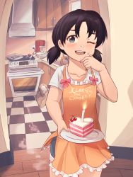 Rule 34 | 1girl, absurdres, apron, birthday, black hair, blender (object), blue eyes, blush, cake, candle, casual, checkered floor, cherry, collarbone, commentary, commission, cooking, cowboy shot, english text, food, food on face, fruit, girls und panzer, heart, highres, indoors, kitchen, kitchen hood, looking at viewer, nico jiang, nina (girls und panzer), one eye closed, oven, sack, shadow, short hair, short twintails, shorts, shorts rolled up, solo, sweatdrop, twintails, wooden floor