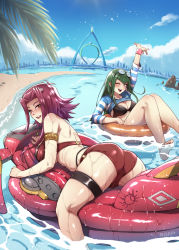 Rule 34 | 2girls, ass, bare shoulders, beach, blush, breasts, brown eyes, carly nagisa, floating, floating object, glasses, green hair, highres, huge ass, izayoi aki, large breasts, long hair, looking at viewer, looking back, mibry (phrysm), multiple girls, ocean, on water, outdoors, red hair, sky, smile, swimsuit, thick thighs, thighs, water, yu-gi-oh!, yu-gi-oh! 5d&#039;s