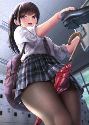 Rule 34 | 1girl, :d, backpack, bag, between thighs, black hair, black pantyhose, black skirt, ceiling, clothes lift, commentary request, holding, holding shoes, indoors, kase daiki, legs together, loafers, locker, long hair, looking at viewer, necktie, open mouth, original, panties, panties under pantyhose, pantyhose, pantyshot, pink panties, plaid, plaid skirt, pleated skirt, purple eyes, revision, school uniform, shirt, shoe soles, shoes, sidelocks, skirt, skirt lift, smile, solo, standing, striped necktie, striped neckwear, teeth, thighs, umbrella, underwear, uniform, unworn shoes, upper teeth only, white shirt, window