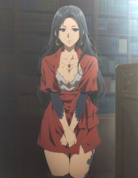 Rule 34 | 10s, 1girl, black hair, breasts, cattleya baudelaire, cleavage, earrings, highres, jewelry, large breasts, long hair, looking at viewer, necklace, open clothes, open shirt, purple eyes, screencap, shirt, smile, stitched, third-party edit, violet evergarden, violet evergarden (series)