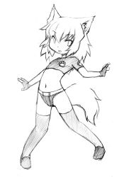 Rule 34 | 1girl, animal ears, camel (dansen), female focus, lowres, midriff, monochrome, navel, sachiho, solo, tail, wolf ears, wolf tail