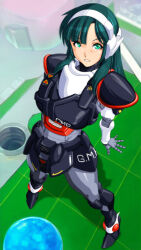 Rule 34 | 1girl, arming doublet, armor, body armor, boots, choujikuu kidan southern cross, commentary request, dutch angle, gloves, gmp, green eyes, green hair, headgear, lana isavia, long hair, looking at viewer, looking up, military police, power armor, power suit, qkat (arikawa-dou), robotech, science fiction