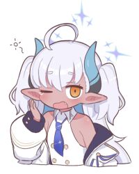 Rule 34 | 1girl, ahoge, bare shoulders, blue archive, blush, collared dress, commentary request, cropped torso, dress, fang, grey hair, halo, hand up, highres, horns, jacket, long hair, long sleeves, looking at viewer, naga u, off shoulder, one eye closed, open clothes, open jacket, open mouth, orange eyes, pointy ears, puffy long sleeves, puffy sleeves, simple background, sleeveless, sleeveless dress, solo, squeans, sumomo (blue archive), tears, two side up, upper body, wavy mouth, white background, white dress, white jacket, yawning