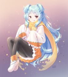 Rule 34 | 1girl, :t, black pantyhose, blue hair, boots, brown eyes, commentary request, dress, eating, food, food on face, highres, holding, holding spoon, knees up, long hair, long sleeves, miyako (princess connect!), pantyhose, parted lips, princess connect!, runamochi, scarf, signature, sleeves past fingers, sleeves past wrists, solo, spoon, star (symbol), two side up, very long hair, white dress, white footwear, wide sleeves, yellow scarf