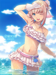 Rule 34 | 1girl, ;d, bad id, bad pixiv id, bead bracelet, beads, bikini, blue eyes, blue sky, bow, bracelet, character request, cloud, collarbone, copyright name, day, frilled bikini, frills, fujishino shikino, groin, hair bow, hand up, jewelry, looking at viewer, navel, necklace, one eye closed, open mouth, outdoors, short hair, sky, smile, solo, sparkle, standing, star ocean, star ocean anamnesis, swimsuit, wading, wet