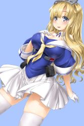 Rule 34 | 1girl, blonde hair, blouse, blue background, blue dress, blue eyes, blue shirt, blush, breasts, cleavage, collarbone, dd (ijigendd), detached collar, dress, dutch angle, fletcher (kancolle), gloves, hand on own chest, headgear, highres, kantai collection, large breasts, long hair, looking at viewer, open mouth, sailor dress, shirt, short sleeves, simple background, skirt, solo, thighhighs, upper body, white gloves, white skirt, white thighhighs, wide sleeves