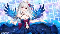 Rule 34 | 1girl, :d, bare shoulders, bead necklace, beads, blue dress, blue skirt, blush, bow, bracelet, breasts, choker, cleavage, clothing cutout, commission, crown, dress, earrings, frilled choker, frills, grey hair, hair ribbon, hands up, hoshizuki lunna, indie virtual youtuber, jewelry, large breasts, long skirt, looking at viewer, mini crown, mole, mole under eye, munlu (wolupus), navel, navel cutout, necklace, open mouth, purple eyes, red bow, red ribbon, ribbon, skeb commission, skirt, smile, solo, virtual youtuber, wings