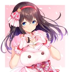 Rule 34 | 1girl, bare arms, belt, black hair, blue eyes, blush, breasts, buttons, cleavage, closed mouth, collarbone, commentary request, double-breasted, dress, floating hair, gloves, hair ornament, hairband, hands up, heart, heart hands, highres, idolmaster, idolmaster cinderella girls, jewelry, large breasts, long hair, looking at viewer, natsu (nattiyann), necklace, pink background, pink dress, pink gloves, red hairband, sagisawa fumika, sanpaku, sidelocks, smile, solo, tareme, taut clothes, taut dress, two-tone background, upper body, white background