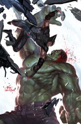 2boys abs artist_name belt black_bodysuit black_hair bleeding blood bodysuit boots claws clenched_teeth colored_skin commentary cuts english_commentary fighting green_skin height_difference highres hulk in-hyuk_lee injury looking_at_another male_focus marvel multiple_boys muscular muscular_male official_alternate_costume official_art open_mouth pants pectorals purple_pants red_eyes short_hair signature standing superhero_costume teeth two-tone_bodysuit wolverine_(x-men) x-men