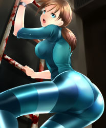 Rule 34 | 1girl, ass, bodysuit, breasts, brown hair, capcom, jill valentine, ladder, large breasts, nagare, ponytail, resident evil, resident evil: revelations, skin tight, solo, watch
