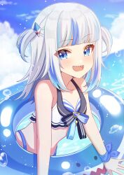 Rule 34 | 1girl, absurdres, bandana around arm, bikini, blue bikini, blue eyes, blue hair, blunt bangs, blush, breasts, day, gawr gura, highres, hololive, hololive english, hololive summer 2023 swimsuit, innertube, long hair, looking at viewer, multicolored hair, ocean, official alternate costume, open mouth, outdoors, sharp teeth, sky, small breasts, smile, solo, streaked hair, striped bikini, striped clothes, swim ring, swimsuit, teeth, tsumurimai, two side up, virtual youtuber, water, white hair