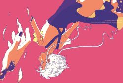 Rule 34 | 1other, androgynous, broken, colored eyelashes, falling, gem uniform (houseki no kuni), ghost quartz (houseki no kuni), highres, houseki no kuni, kurodai, looking at viewer, missing limb, pink background, short hair with long locks, solo, suspenders, white eyes, white hair