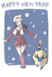 Rule 34 | 1girl, :d, beanie, black hair, boots, coat, commentary request, creatures (company), dated, dawn (pokemon), eyelashes, game freak, gen 2 pokemon, grey eyes, hair ornament, hairclip, happy new year, hat, leg up, long hair, long sleeves, mareep, new year, nintendo, open mouth, over-kneehighs, pink footwear, pokemon, pokemon (creature), pokemon dppt, pokemon platinum, sawa (soranosawa), scarf, sidelocks, smile, standing, standing on one leg, thighhighs, white headwear, white scarf