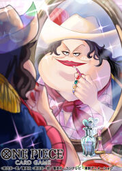 Rule 34 | 1girl, alvida (one piece), applying makeup, black hair, blue coat, bottle, coat, commentary request, copyright name, epaulettes, freckles, hat, long hair, mirror, official art, one piece, one piece card game, perfume bottle, phima, pink shirt, red lips, shirt, solo, sparkle, upper body, white hat