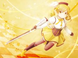 Rule 34 | 10s, 1girl, arya (tianhua), beret, blonde hair, boots, breasts, checkered floor, corset, drill hair, floor, gun, hair ornament, hat, magical girl, magical musket, mahou shoujo madoka magica, mahou shoujo madoka magica (anime), md5 mismatch, pleated skirt, skirt, smile, solo, striped clothes, striped thighhighs, thighhighs, tomoe mami, vertical-striped clothes, vertical-striped thighhighs, weapon, yellow eyes