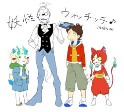 Rule 34 | 10s, 4boys, amano keita, animal ears, bell, blue lips, chouko (waru), colored sclera, colored skin, double-breasted, furoshiki, hand on own hip, hood, hoodie, jacket, jibanyan, komasan, male focus, multiple boys, multiple tails, open clothes, open jacket, open mouth, personification, ponytail, sandals, short hair, simple background, tabi, tablet pc, tail, translation request, whisper (youkai watch), white hair, white skin, yellow sclera, youkai pad, youkai watch