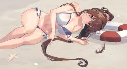 Rule 34 | 1girl, artist name, bare arms, bare legs, bare shoulders, bikini, blush, breasts, brown eyes, brown hair, cleavage, dated, feet out of frame, flower, hair flower, hair ornament, highres, himeyamato, kantai collection, large breasts, long hair, lying, navel, on side, parted lips, petals, pink flower, ponytail, ramune, signature, solo, swimsuit, very long hair, white bikini, yamato (kancolle)
