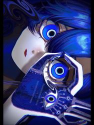 Rule 34 | 1girl, archived source, bad id, bad twitter id, blue eyes, blue theme, chromatic aberration, expressionless, hand up, highres, kamato il, looking at viewer, nazar (amulet), ok sign, ok sign over eye, original, portrait, sideways, solo, twitter username