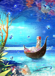 Rule 34 | 1girl, blue eyes, boat, braid, bubble, cloud, coral, dress, fish, flower, hair flower, hair ornament, hands on lap, highres, horizon, justminor, long hair, looking up, original, puffy sleeves, reflection, rock, side braid, sitting, sky, solo, surreal, tree, water, watercraft, whale, white dress, white hair, wide shot
