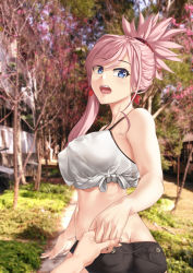 Rule 34 | 1girl, ass, bare shoulders, black shorts, blue eyes, blush, breasts, butt crack, camisole, fate/grand order, fate (series), highres, holding hands, large breasts, long hair, looking at viewer, miyamoto musashi (fate), open mouth, outdoors, pink hair, ponytail, ryouya, shirt, short shorts, shorts, smile, solo focus, swept bangs, tied shirt, white camisole