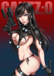 Rule 34 | 1girl, absurdres, ass, black eyes, black gloves, black hair, black panties, breasts, covered erect nipples, from side, gantz, gantz suit, gloves, gun, highres, holding, holding gun, holding weapon, large breasts, lips, long hair, looking at viewer, panties, parted lips, revealing clothes, shimohira reika, side-tie panties, sidelocks, solo, swept bangs, thigh strap, underboob, underwear, weapon, xiao gen