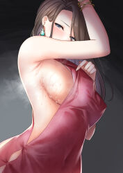 Rule 34 | 1girl, arm up, armpits, blue eyes, bracelet, breasts, brown hair, clothes pull, covered navel, dangle earrings, dress, dress pull, earrings, highres, jewelry, large breasts, long hair, looking at viewer, original, pink dress, piyosuke tmg, presenting sideboob, pulling own clothes, sideboob, simple background, sleeveless, sleeveless dress, solo, sweat
