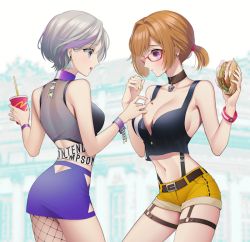Rule 34 | 2girls, alternate costume, alternate hairstyle, breasts, brown hair, burger, cleavage, contender (girls&#039; frontline), cup, disposable cup, drinking straw, earrings, food, girls&#039; frontline, glasses, grey hair, grizzly mkv (girls&#039; frontline), grizzly mkv (weekend cop) (girls&#039; frontline), jewelry, miniskirt, multiple girls, nail polish, official alternate costume, pantyhose, sauce, short hair, shorts, skirt, soda, urano ura