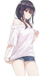 Rule 34 | 1girl, bare legs, bare shoulders, black hair, blush, breasts, camisole, casual, closed mouth, cowboy shot, denim, denim shorts, expressionless, fingernails, hair between eyes, hand up, head tilt, highres, koh rd, long hair, looking at viewer, medium breasts, off-shoulder shirt, off shoulder, original, purple eyes, shadow, shirt, short shorts, short sleeves, shorts, simple background, solo, spaghetti strap, standing, white background, white shirt