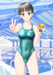 Rule 34 | 1girl, absurdres, aqua one-piece swimsuit, black hair, breasts, cameltoe, clothes writing, collarbone, commentary request, competition swimsuit, contrapposto, covered navel, cowboy shot, green one-piece swimsuit, grin, highres, holding, holding trophy, indoors, medium breasts, one-piece swimsuit, original, pool, purple eyes, short hair, smile, solo, string of flags, swimsuit, takafumi, trophy, v